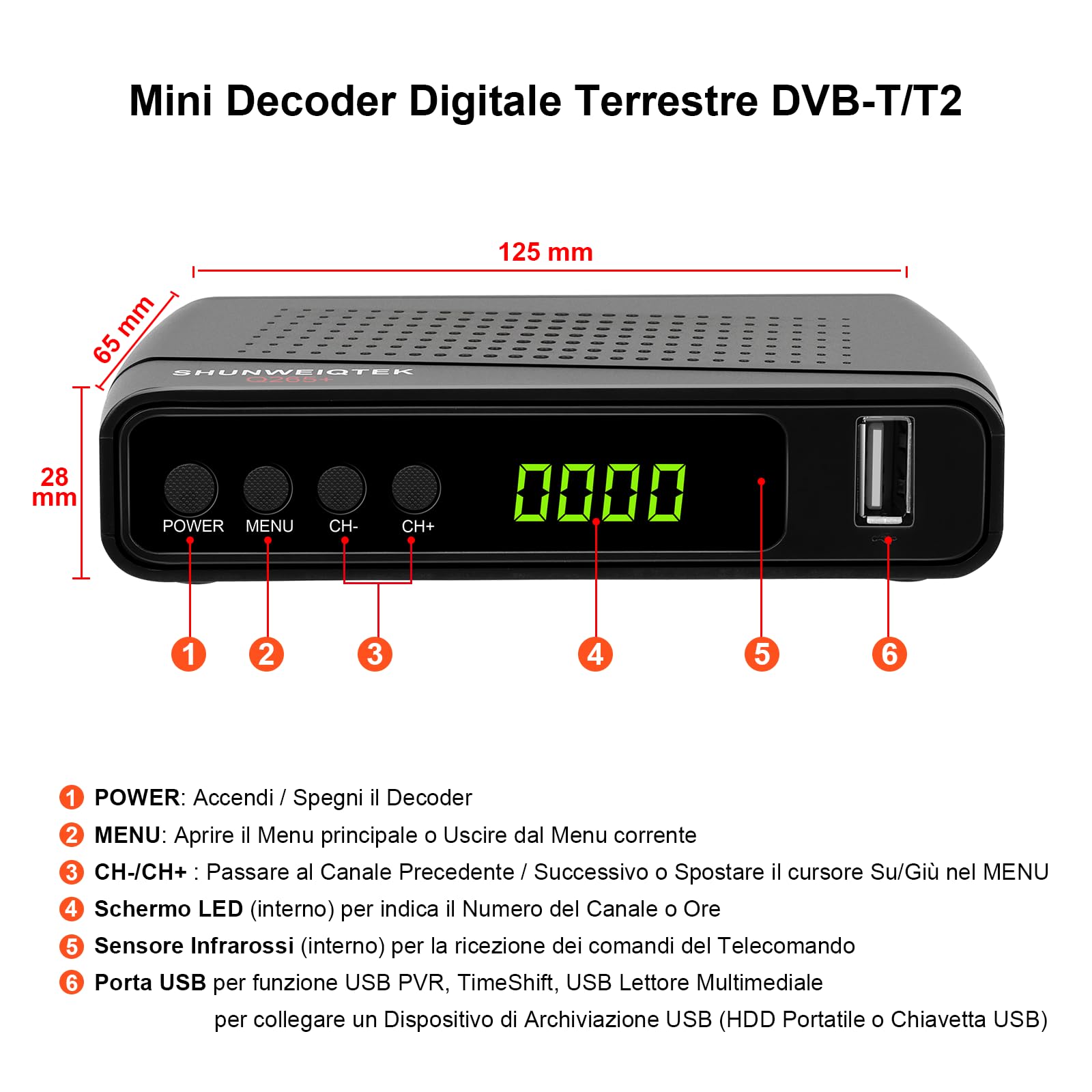 Decoder Digitale Terrestre 2025, H265 HEVC 10Bit Decodifica Fino a 1080P e 128MB RAM Offre Visiva Più Fluida, SHUNWEIQTEK Mini Decoder DVB-T2 Sintonizzazione Automatica, LCN USB PVR Telecomando 2in1