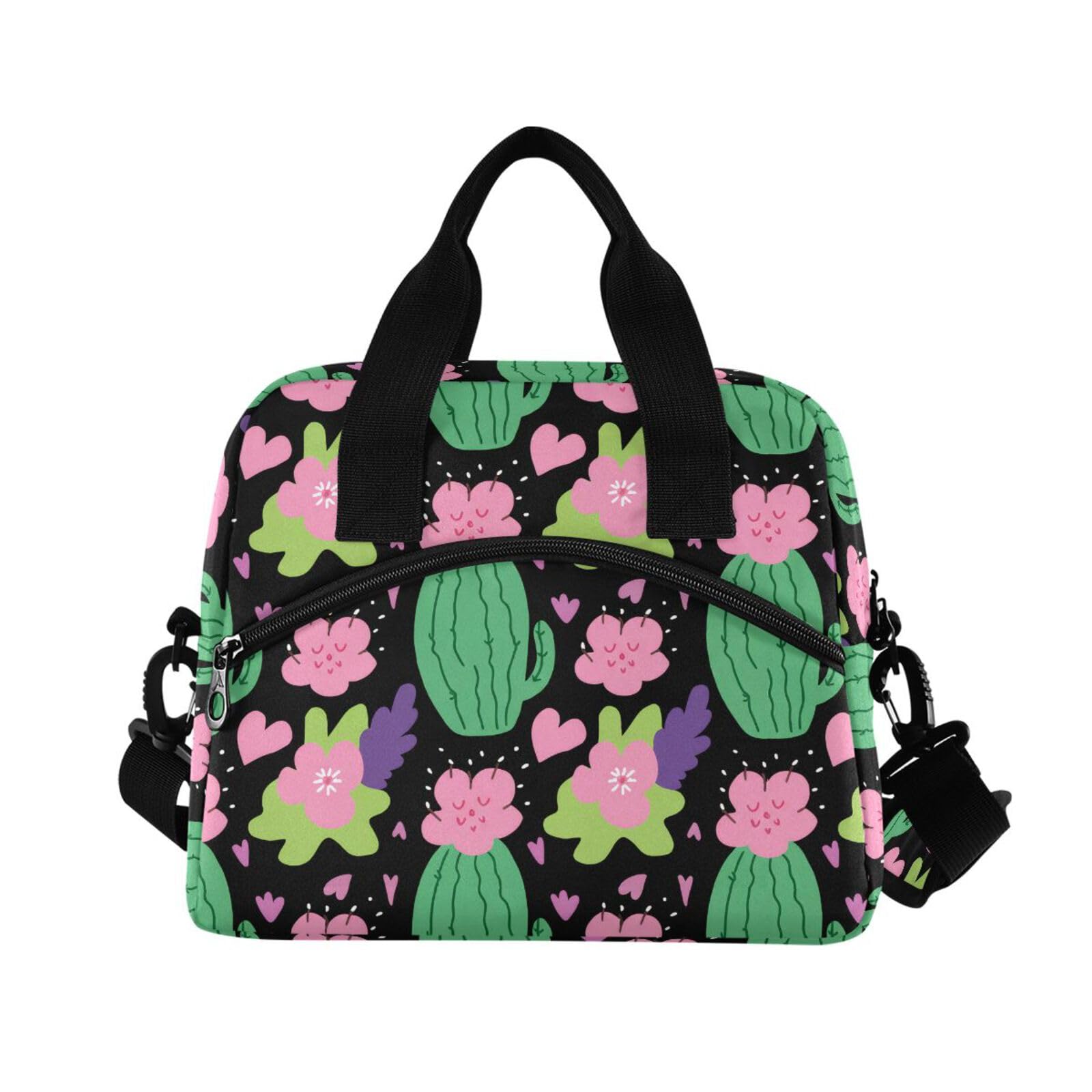 Insulated Lunch Bag Reusable Cooler Flower Heart Black Lunch Box Adjustable Shoulder Strap for Office Picnic School