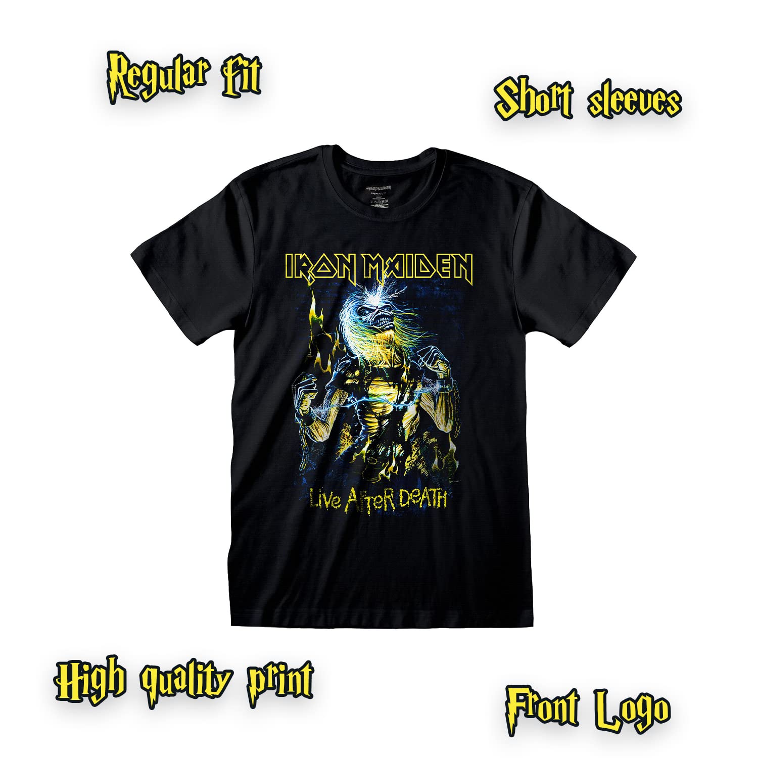 Camiseta Iron Maiden Live After Death. Camiseta Oficial Rock Negra. Banda de Metal Pesado. Algodón. Unisex. Adulto Muchacho.