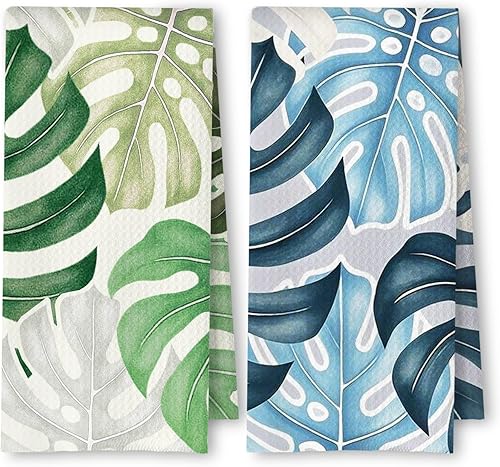Miniatura 11 de Juego de 2 toallas de cocina florales bohemias abstractas verdes y negras, toallas de té/platos botánicas retro groovy de los años 70 para Verde y