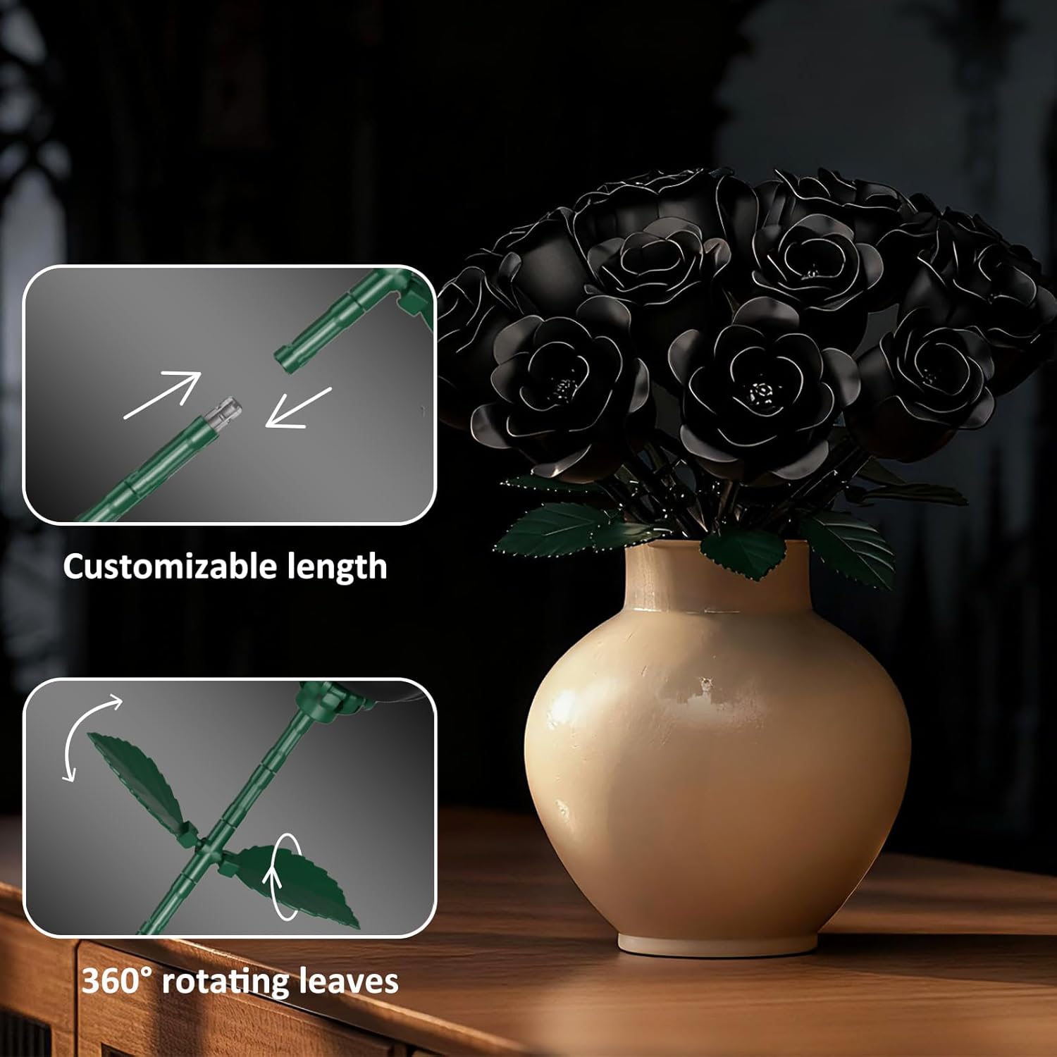 Black Rose Bouquet Building Set, Rotatable Control for Flowering Flowers Botanical, Christmas Valentine's Day Gifts for Adults - Gothic Home Office Table Bookshelf Decor
