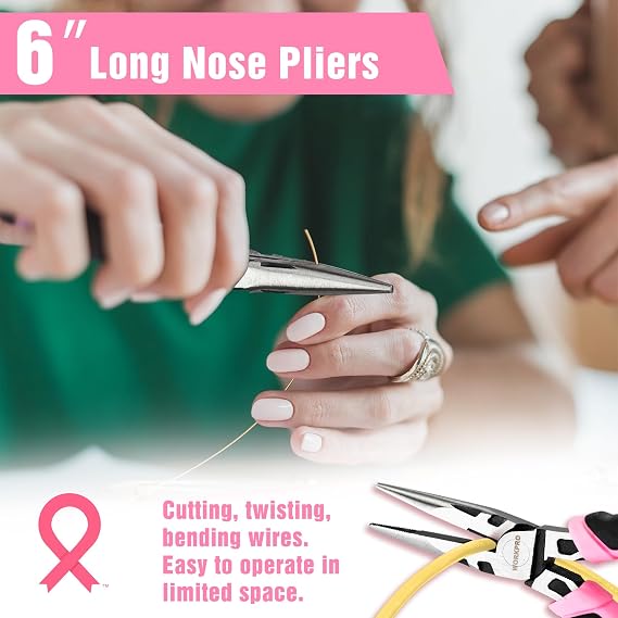 WORKPRO 3 PCS Pink Pliers Set, Needle Nose & Diagonal & Slip Joint Pliers