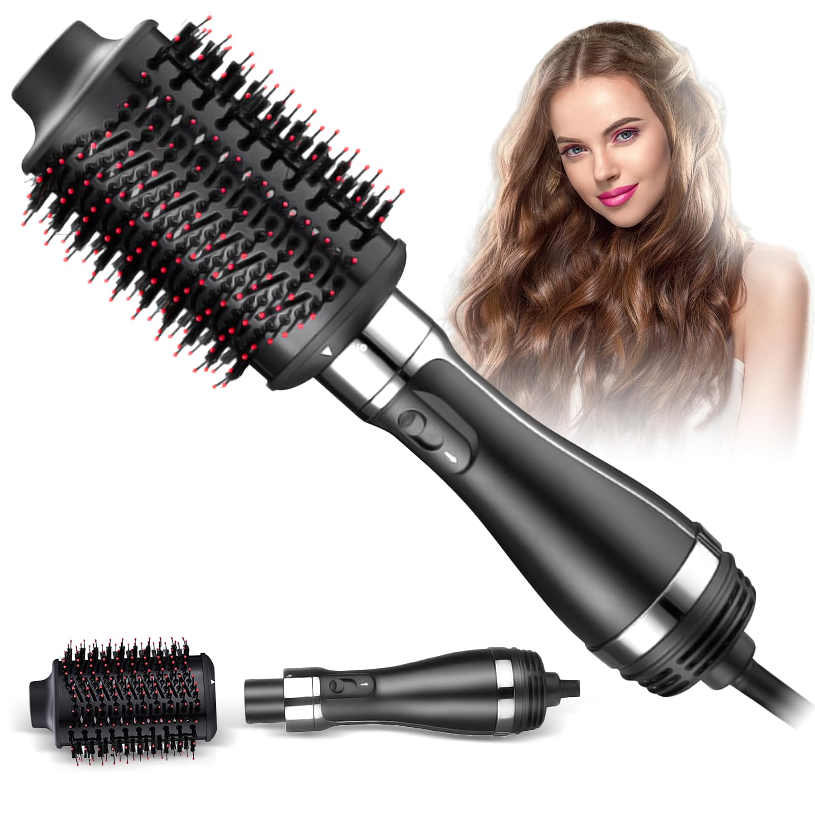 Journeyside Cepillo Secador de Pelo, 4 en 1 Cepillo de Aire Caliente,Profesional One-Step Secador 1200W Cepillo Secador 3 Temperatura 2 Velociades Cepillo Alisador Pelo para Secar,Rizos,Negro
