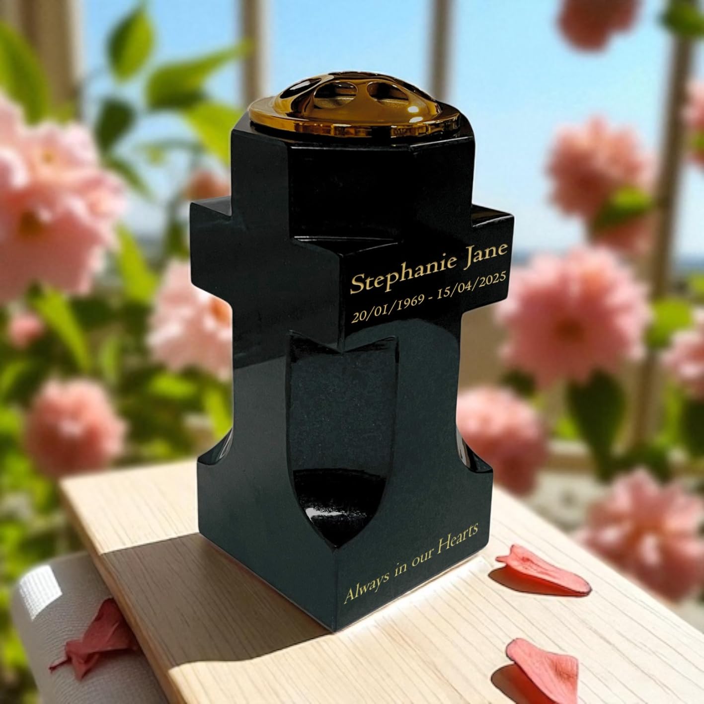 Premium Black Granite Cross-Memorial Vase with Gold Metal Flower Pot Insert – Personalised Engraving Included (Standard)