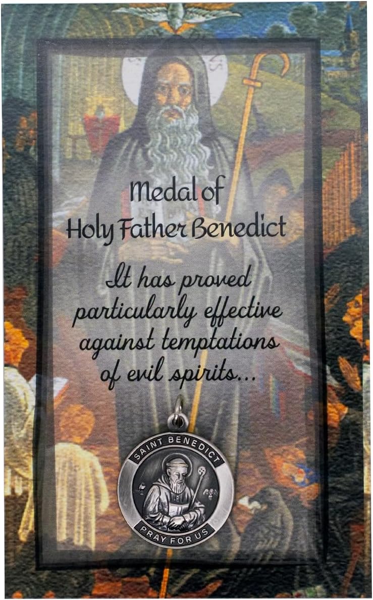 VILLAGE GIFT IMPORTERS St. Benedict Medal and Prayer Card Set | 1" Silver-Tone Patron Saint Medal with 4.5" Holy Card | Catholic Protection Prayer | Made in the USA