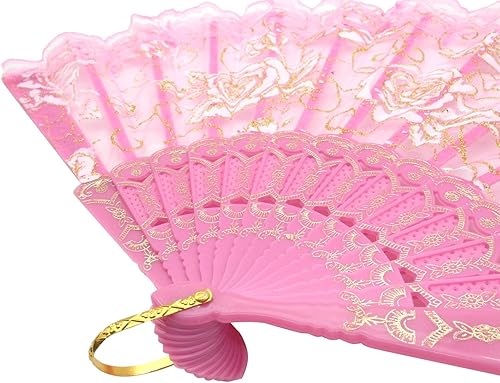 Miniatura 2 de TRENDBOX Flor Rose Lace Handheld Chinese Folding Fan Para Dancing Ball Party Ladies - Rosa Rosa