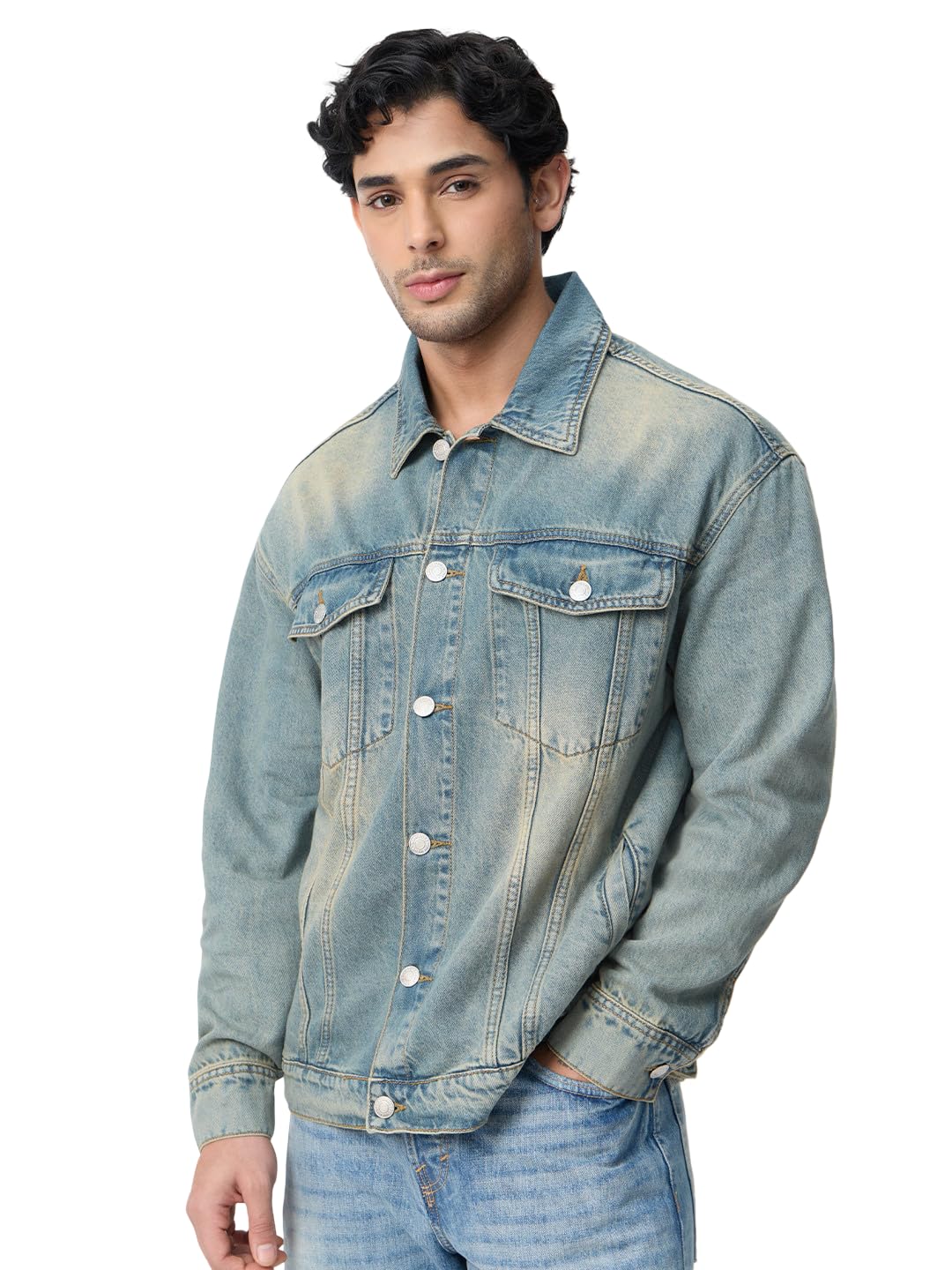 Denim Jacket: Stellar Men and Boys Full Sleeves Spread Collar Light Blue Solid Distressed Cotton Regular Fit Lightweight Everyday Winter Denim Jacket-image-2
