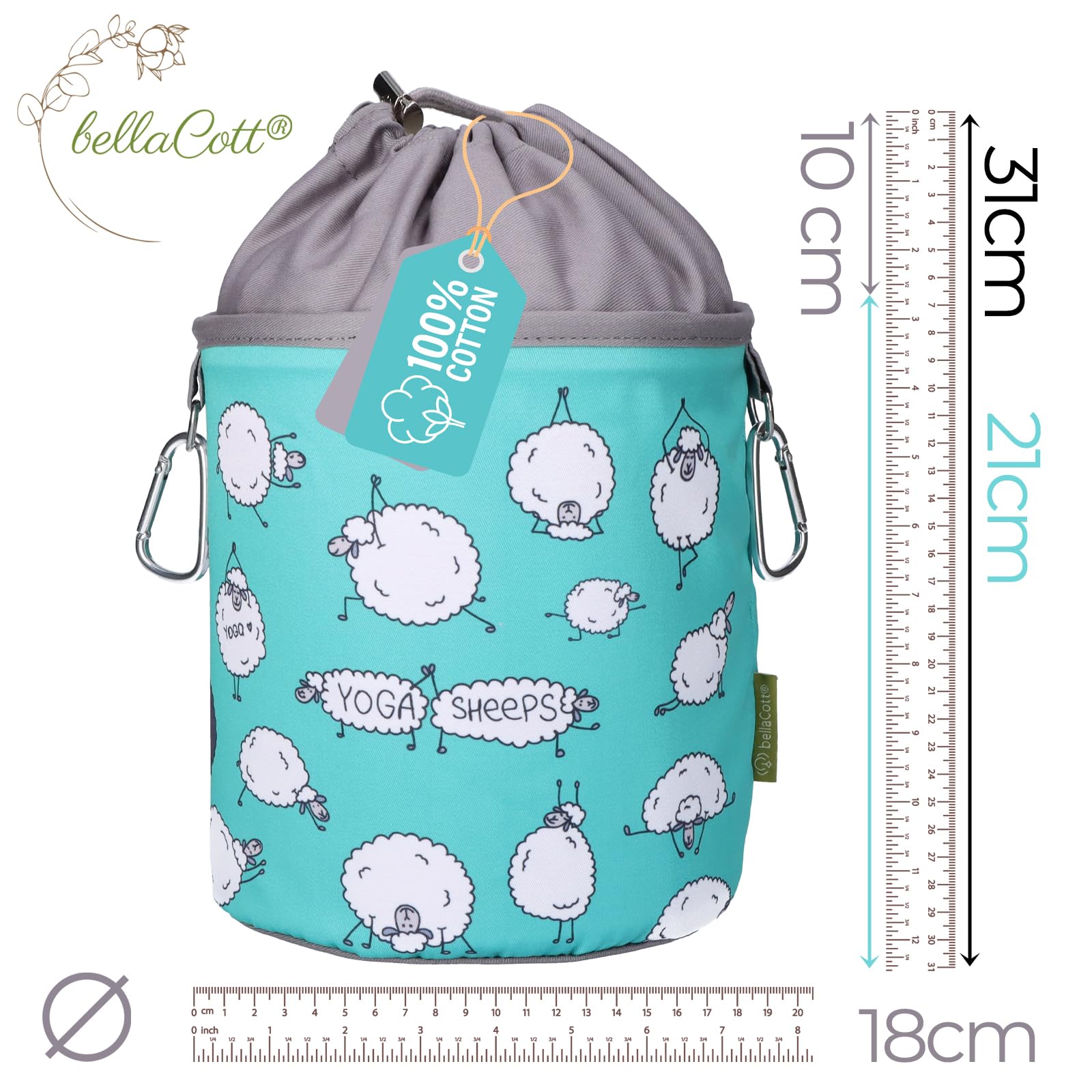 96 Softgrip Wäscheklammern Set Silber-anthrazit mit Wäscheklammerbeutel aus Baumwolle Yoga-Schafe Design, rutschfest, mit Karabiner & Kordelzug, waschbar