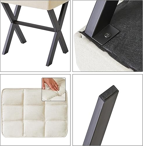Miniatura 8 de IBUYKE - Taburete de maquillaje cuadrado con reposapiés de patas en X, reposapiés de lino, asiento otomano, multiusos como pequeña mesa auxiliar,