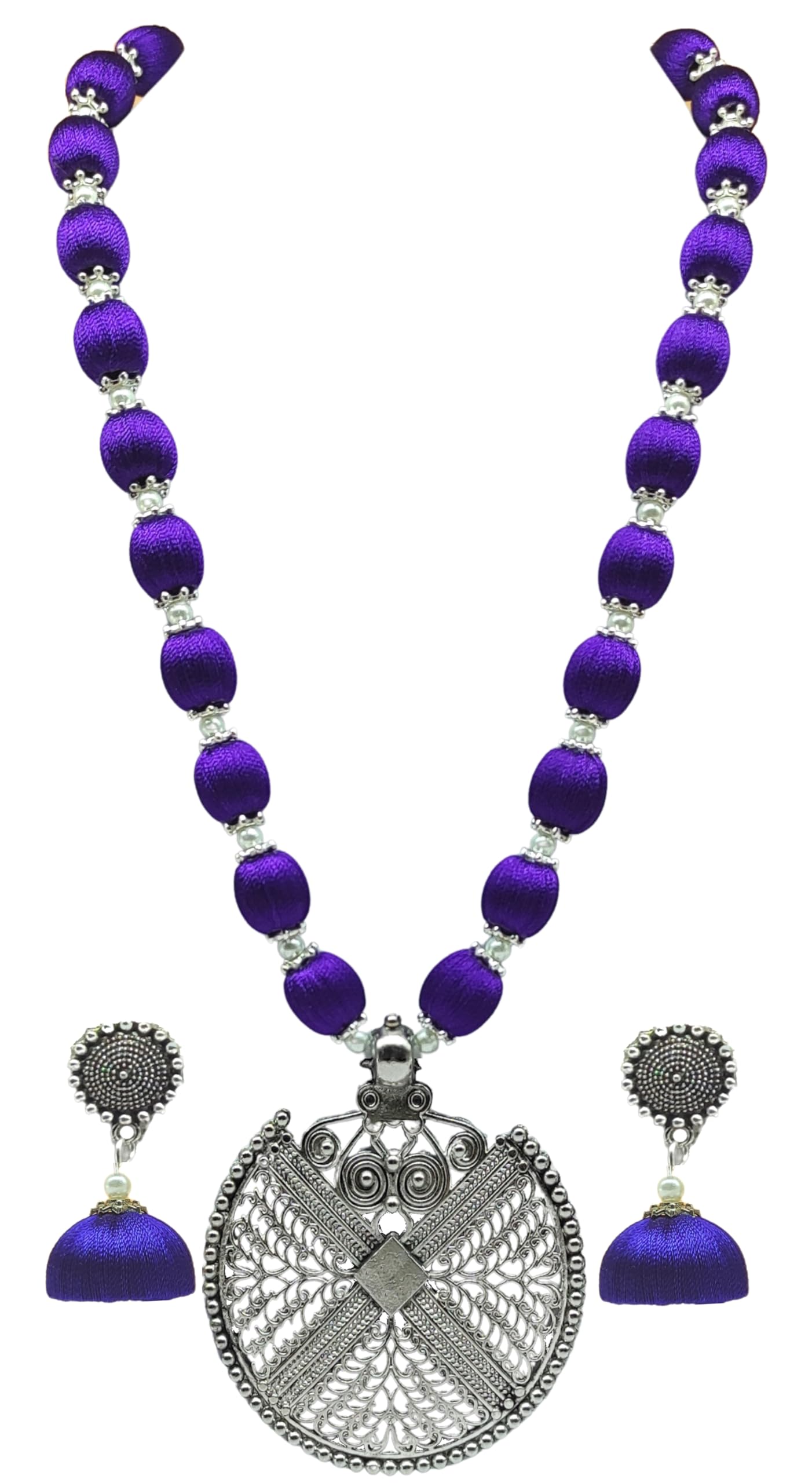 MDS FASHIONSHandmade Silk Thread Beads with Silver Antique Net Chakra Necklace and Earrings Set for Beautiful Women (MDS-1073S)