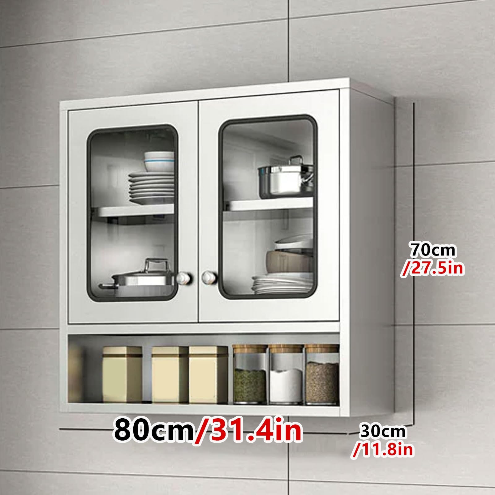 Armario de almacenamiento de metal de acero inoxidable de 2 puertas con puertas magnéticas, estantes ajustables, capacidad de 35 kg, ideal para cocina o garaje (80 x 30 x 70 cm)