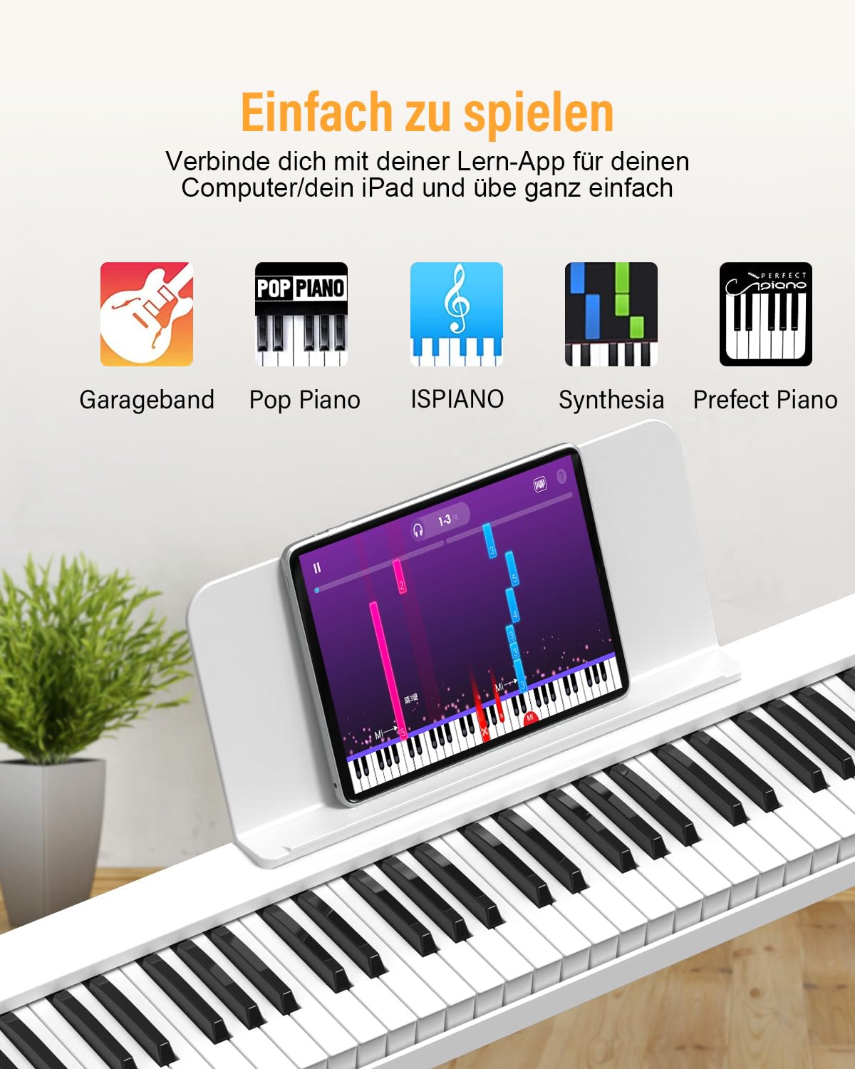 Set tastiera con supporto a 88 tasti E-Piano, compatto e portatile, con custodia per il trasporto, leggio e pedale Sustain, pianoforte bianco, per adulti e bambini