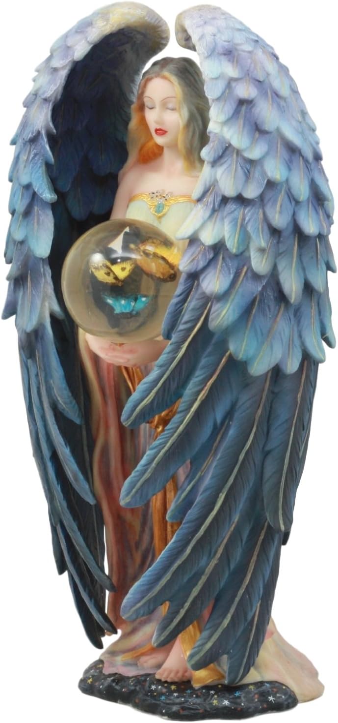 Sheila Wolk Tranquility Statue Masterpiece Beautiful Angel Holding Metamorphosis Butterfly Crystal Ball Figurine Decorative Art for Inspirational Housewarming Gift Fantasy Collector Item