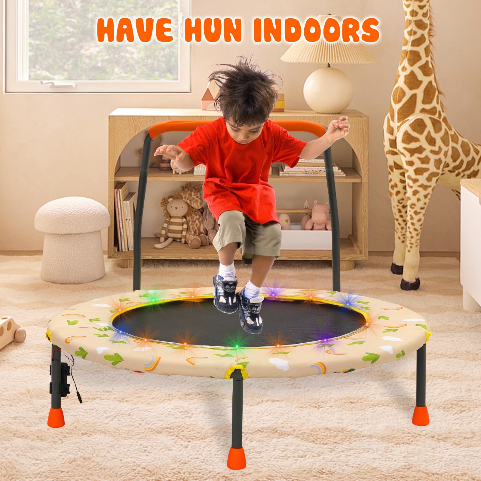 Trampolin Kinder Indoor Outdoor Mini Kindertrampolin mit Verstellbarer Haltegriff Gepolsterter Sicherheitsabdeckung, Trampolin Klein für ab 3 Jahre