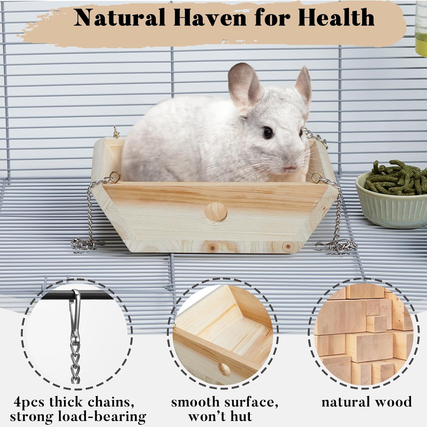 Natural Wood Chinchilla Hammock for Cage Swing Chinchilla Bed Hanging, Wooden Chinchilla Toys and Cage Accessories - Image 3