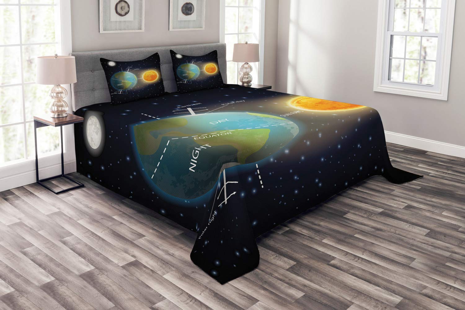 ABAKUHAUS Astronomia Copriletto, Giorno e Notte Ciclo della Terra, Colori Che Non sbiadisce, 220 x 220 cm, Charcoal Grigio Multicolore
