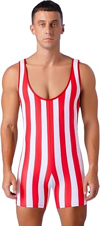Agoky Mens Vintage Circus Strongman Muscle Suit Costume Striped Wrestling Singlet Boxer Bodysuit