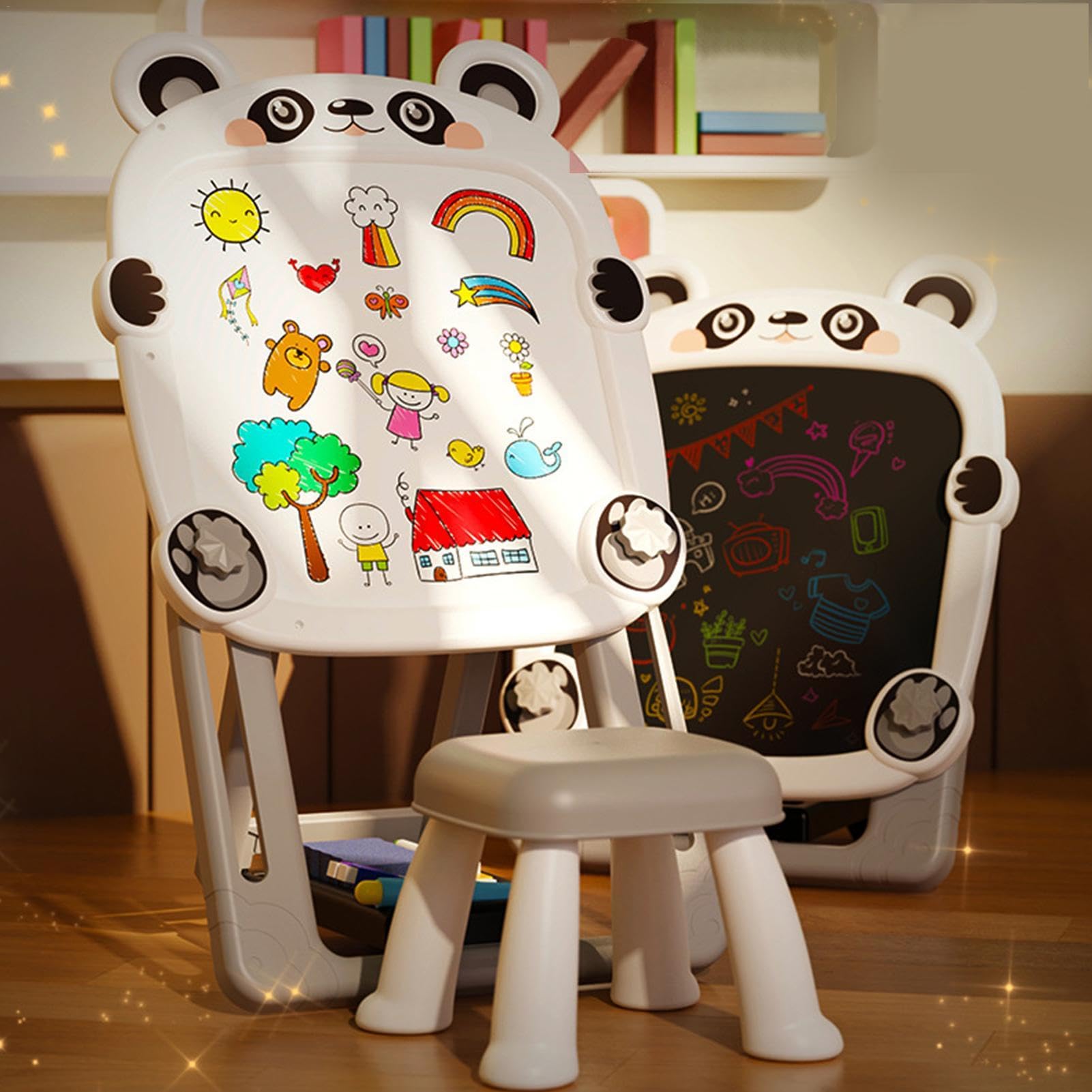 Lavagna nera magnetica, cavalletto artistico per bambini - Lavagna magnetica bifacciale regolabile in piedi | Lavagna da disegno per bambini, lavagna magnetica con staffa pieghevole con sedia per bamb