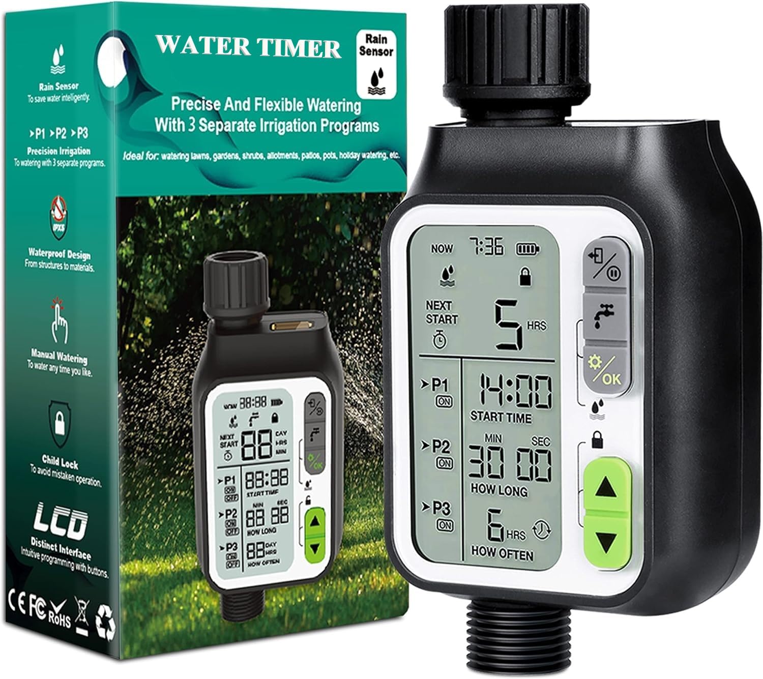 Temporizador de Riego con Sensor de Lluvia, 3 Programas, Pantalla LCD 3.5", IPX5 Resistente al Agua, Toma de 1/2"-3/4" para Jardín, Huerto, Cesped (Mod.355_Digital 3 Programs & Rain Sensor)