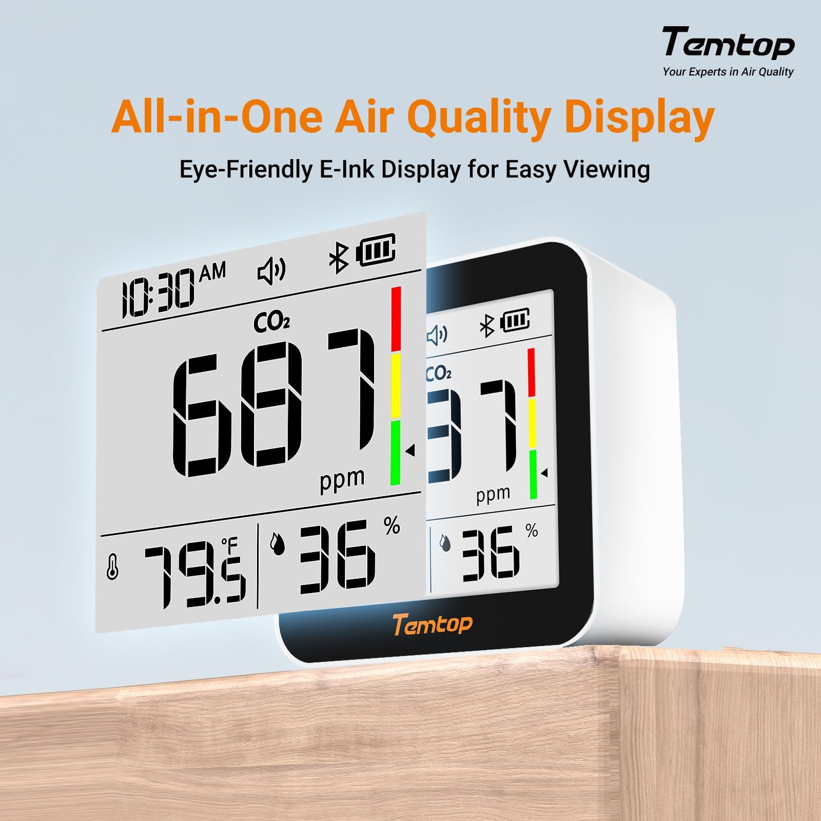 Temtop Misuratore di Qualità dell'Aria con Rilevamento CO2, Bluetooth, Monitoraggio in Tempo Reale, Termoigrometro per Interni C10 2ND