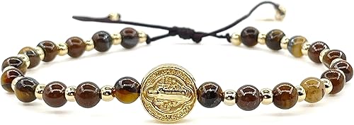 St Benedict Coin and Natural Round Tiger Eye Beads Adjustable Bracelet for Women (Brown)