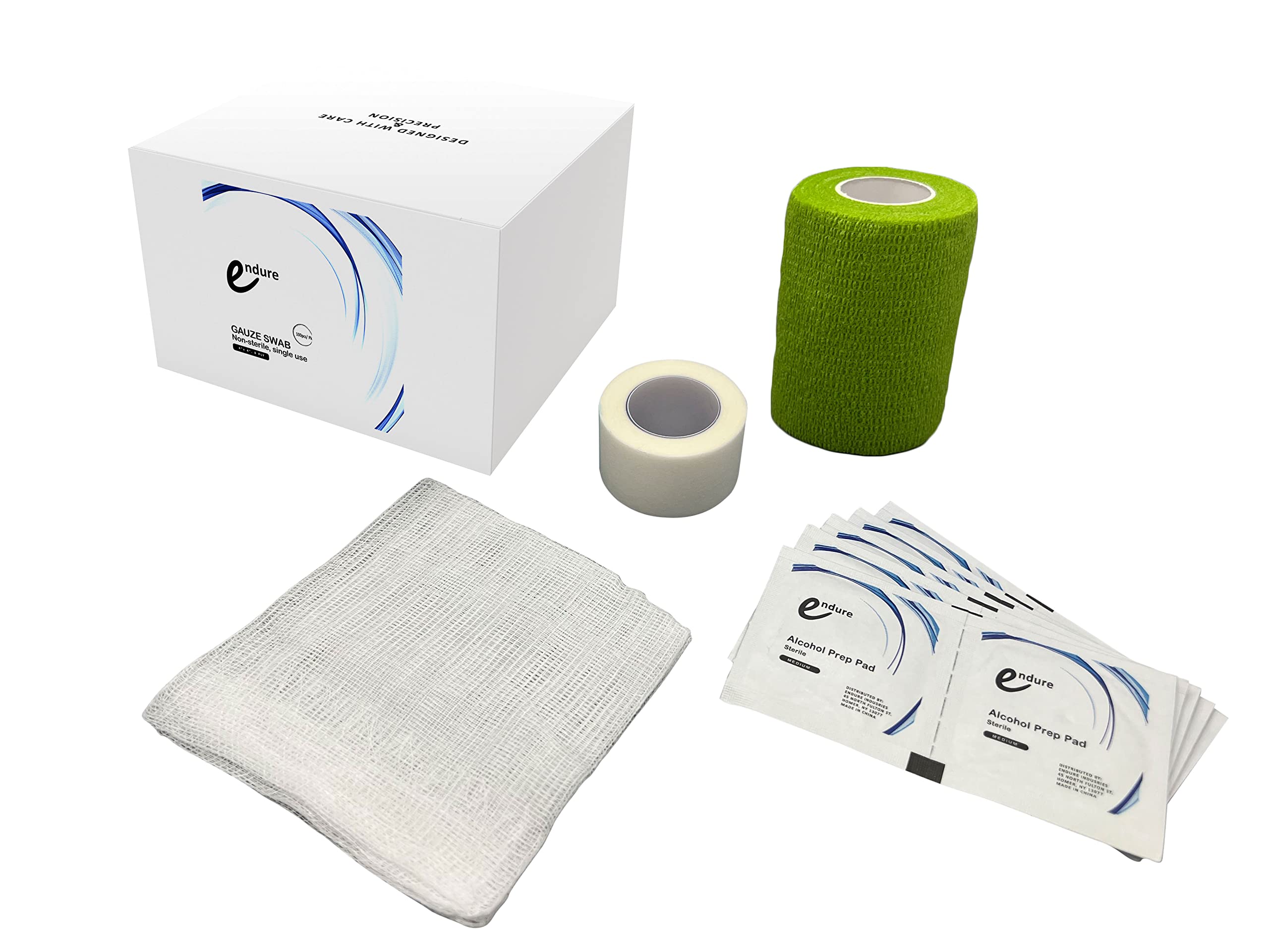 Endure Wound Care Kit 1, First Aid Variety Pack That Includes, Non-Sterile Gauze Swab 4"x4" Pack of 100, 1 Roll of White Paper Tape, 10 Alcohol Prep Pads & 1 Cohesive Bandage (Green Cohesive Wrap)
