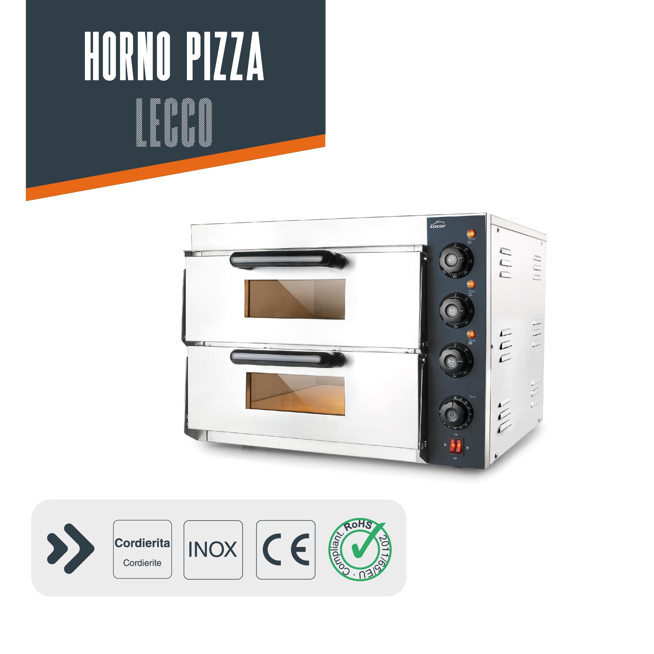 Lacor - 69633 - Horno pizza Lecco, para Mesa o Encimera, de Acero inoxidable, con Aislamiento Térmico, 3000 W, 2 cavidad, Iluminación interior, Medidas: 57x56x44 cm