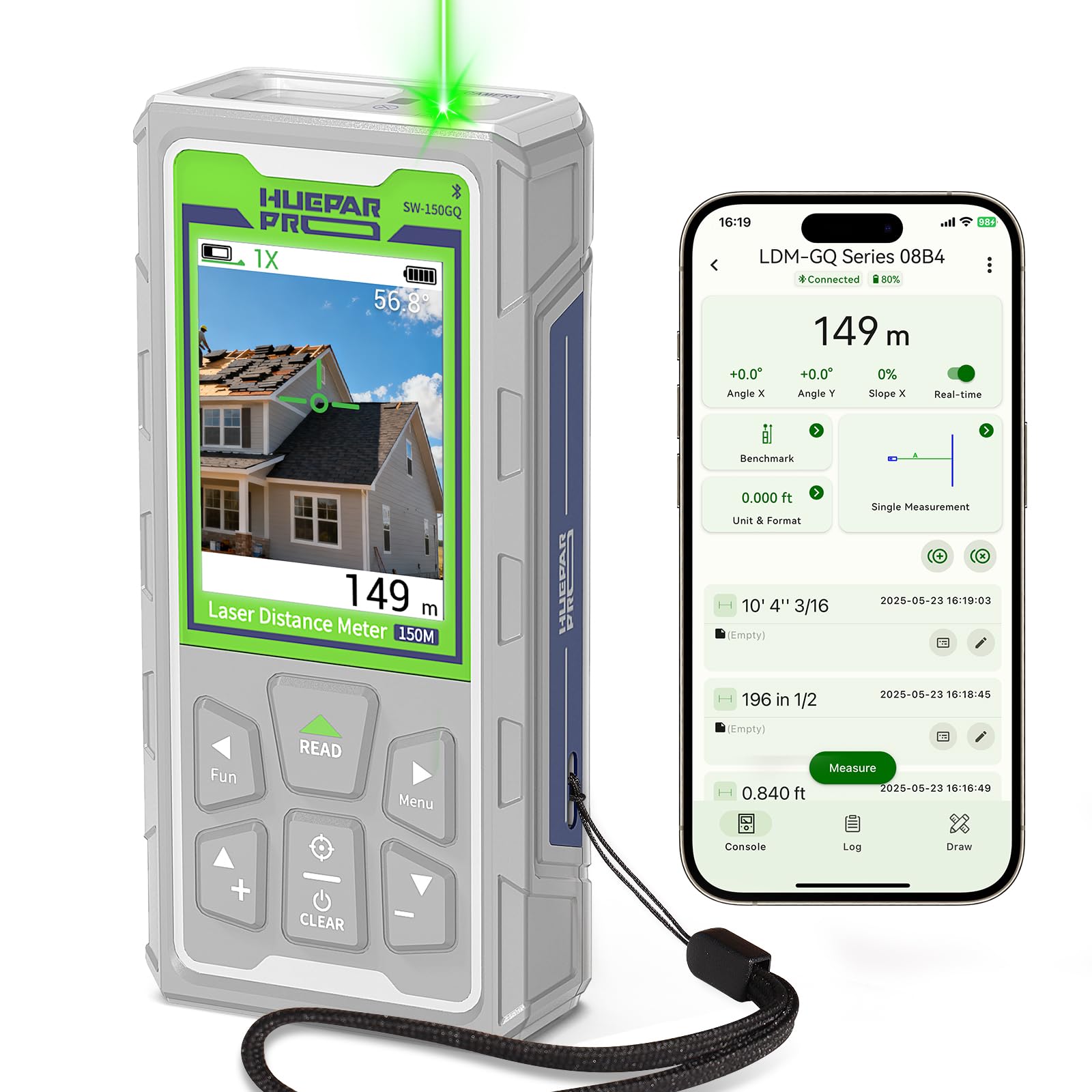 Huepar Pro Metro Laser Professionale Outdoor 150m con Fotocamera e Bluetooth, Tecnologia P2P, App Gratuita, IP68, Cavo Micro USB, Cinturino da Polso e Custodia - SW-150GQ