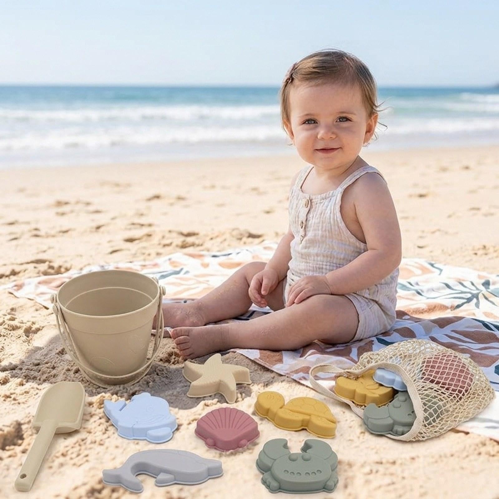 Set di Giochi Sensoriali da Spiaggia in Silicone, Sabbiera Portatile per Bambine, Giocattolo per Scavare, Beige Bianco