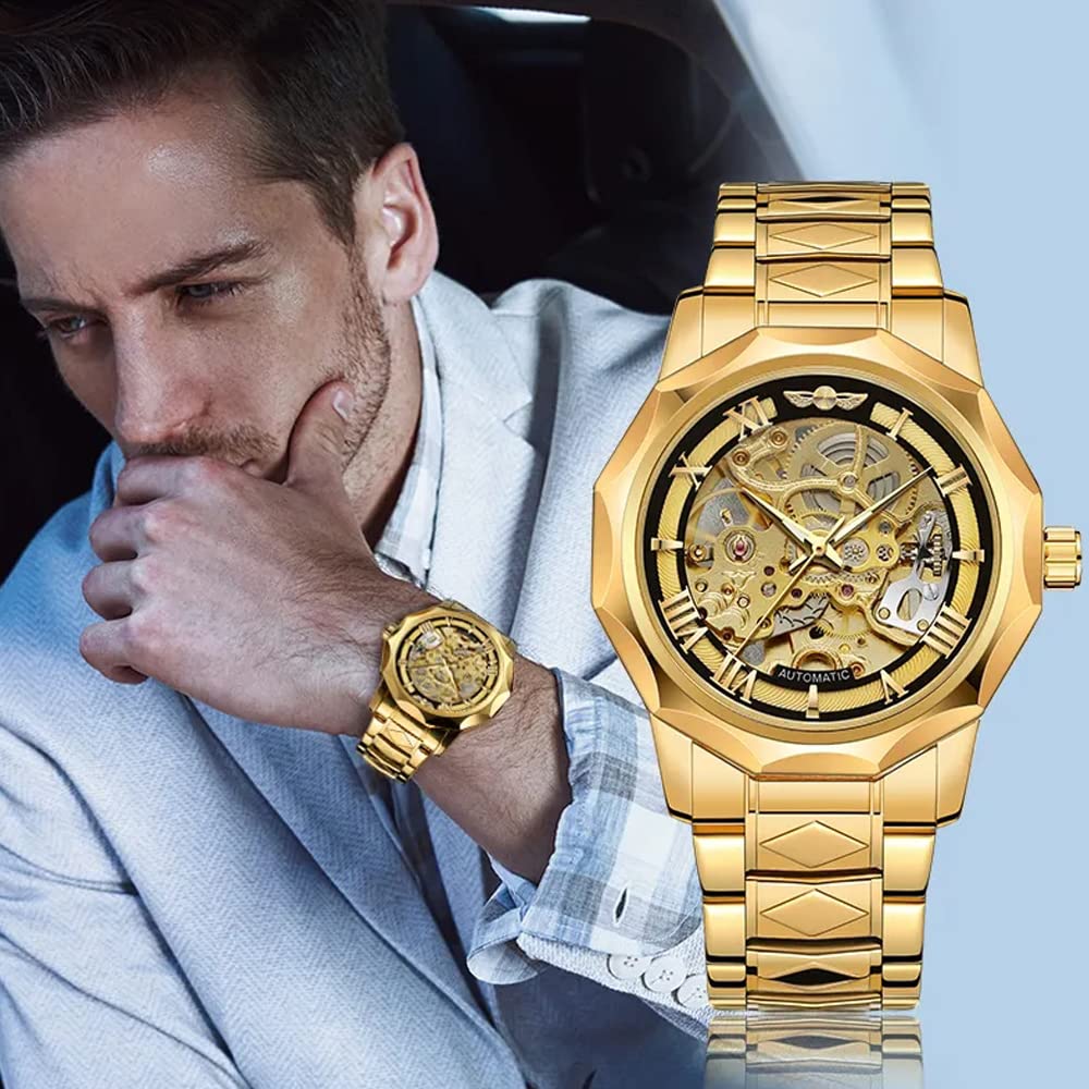 Relojes mecánicos para hombre, automático, dorado, transparente, malla de acero, reloj de pulsera esqueleto hombre, hora caliente..