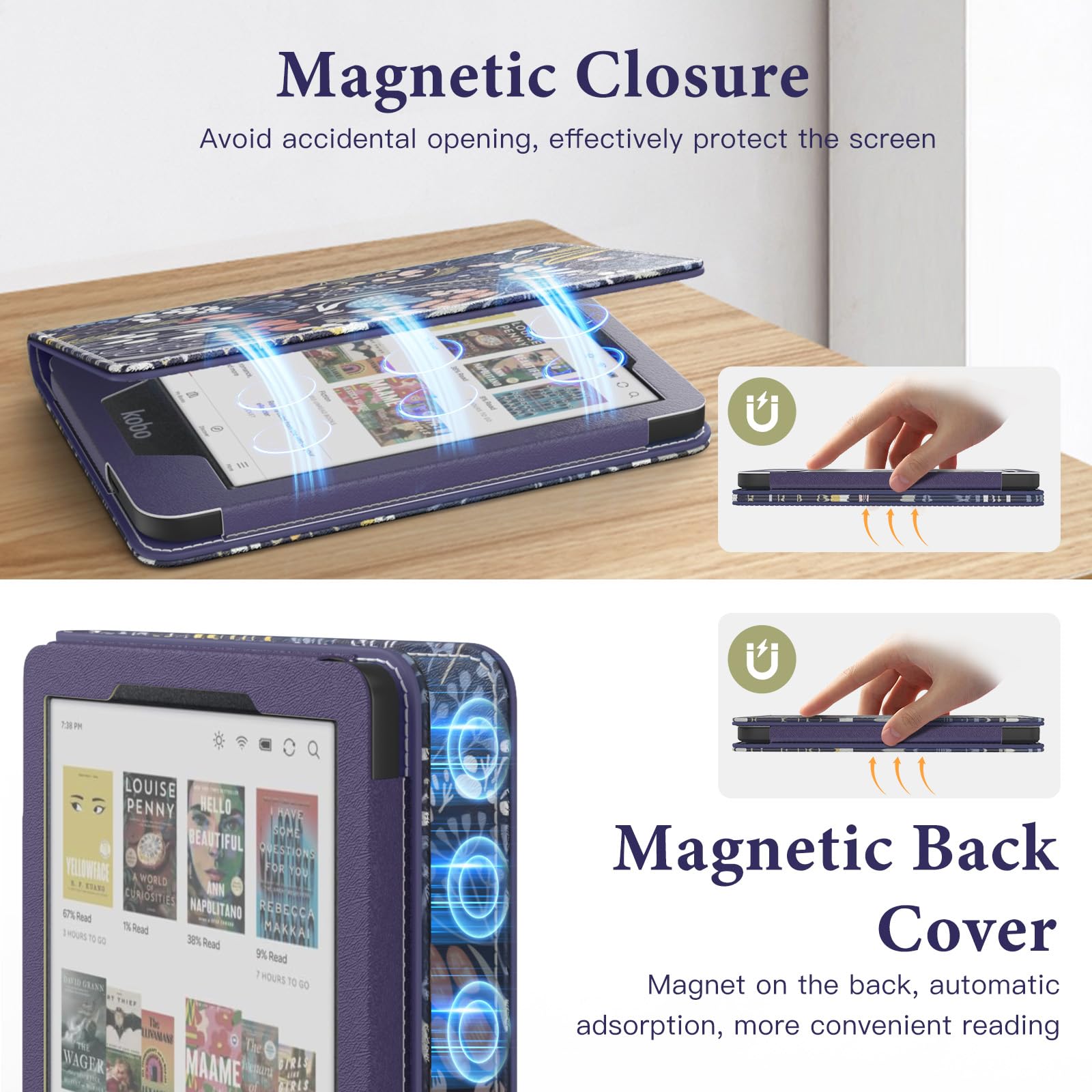 MoKo Case dla Tolino Shine Color/Shine 5(2024)/4(2022) Kobo Clara Colour/BW/2E, PU Cover z Auto-Awakening/Sleep, Slot, Pasek i Podpórka, Nocny Niebieski
