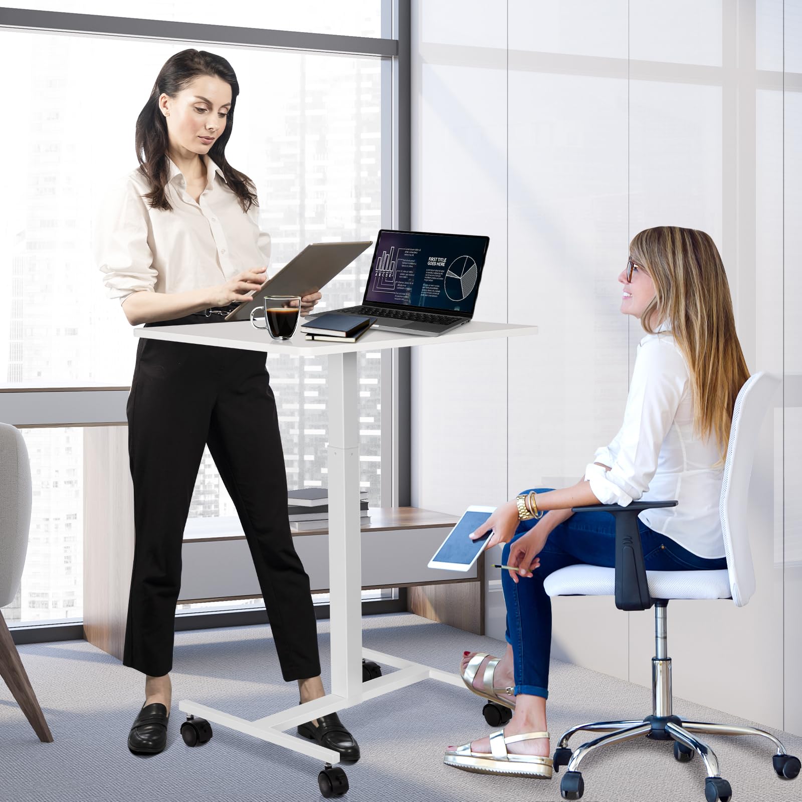 AMUSIGHT Mobile Standing Desk Adjustable Height, Sit Stand Rolling Laptop Desk with Lockable Wheels, Portable Computer Workstation for Home, Office, School (White)