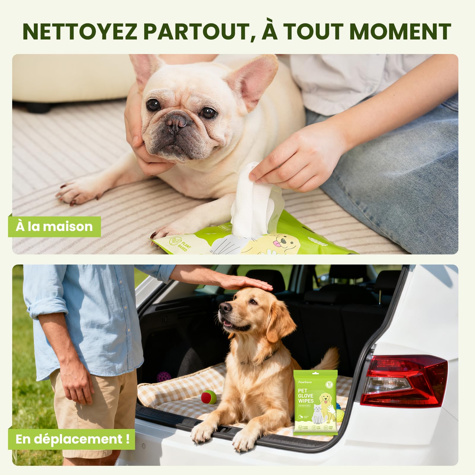PawSono Lingettes Gant pour Chien & Chat 36pcs, Lingettes Nettoyantes Extra Larges Épaisses sans Rinçage, Lingettes Déodorantes pour Pattes, Oreilles, Yeux, Museau & Pelage, Toilettage Animaux