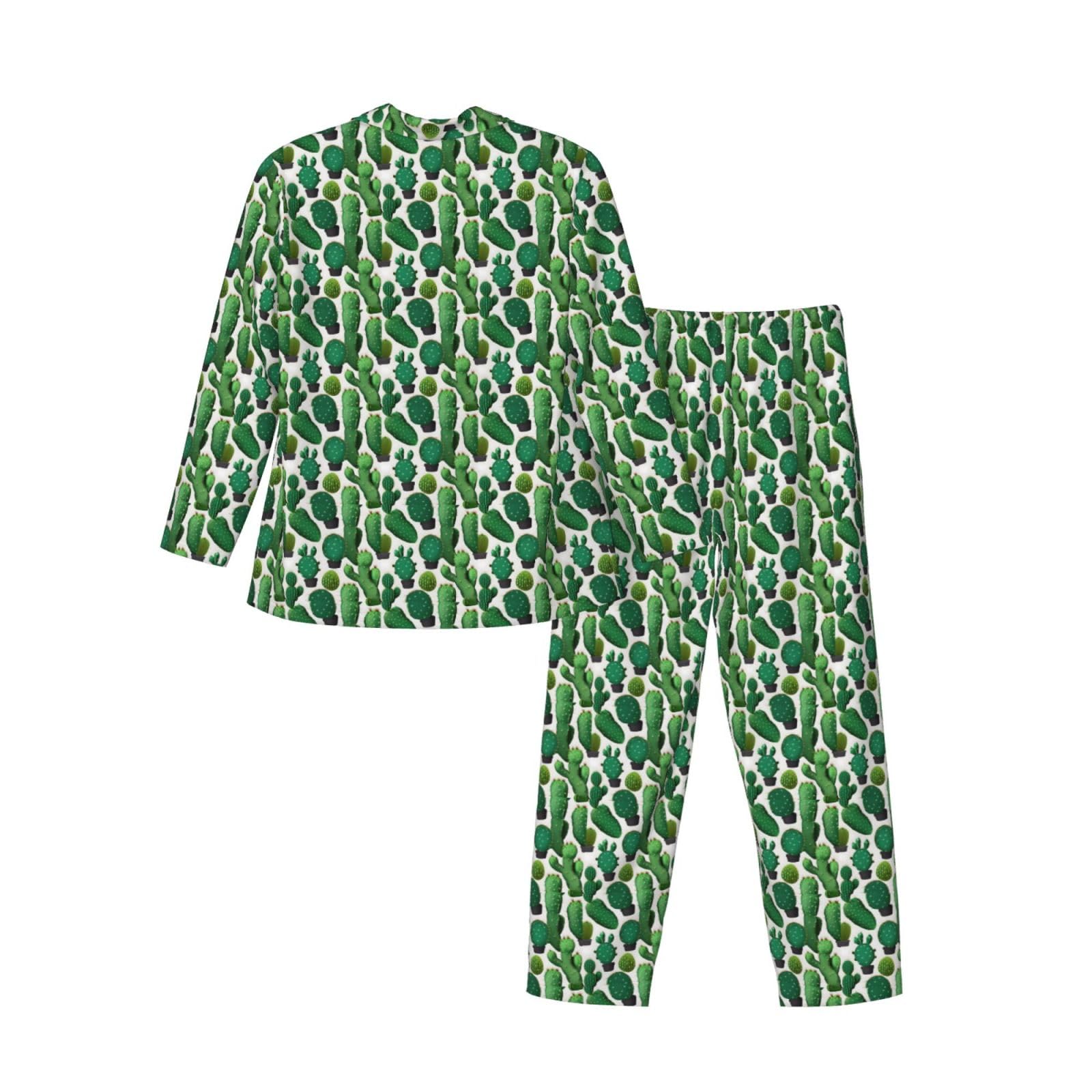 Herren-Pyjama-Set, langärmelig, Kaktusmuster, zweiteilig, bequem, Nachtwäsche, Grün