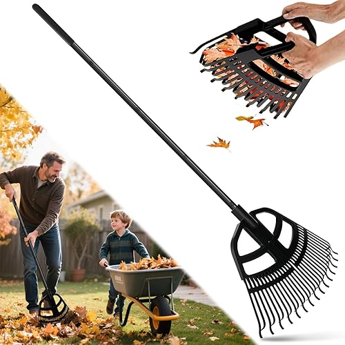 Rastrillo de hojas de jardín 2 en 1 y palas de hojas, rastrillo de hojas ajustable para césped con agarre, rastrillos de mano para recoger hojas,