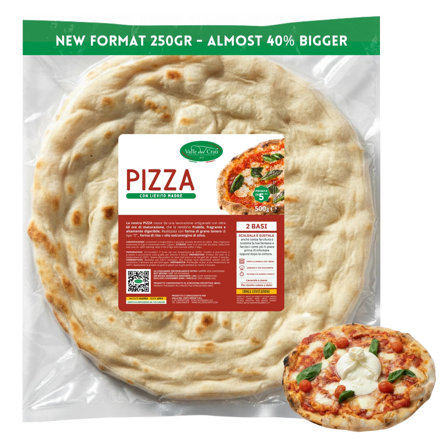 Pizza Precocinada, 6 Bases | Nuevo Formato de 250g | Pizza lista en 5 minutos, Largo tiempo de fermentación, Altamente digestiva | 6 Bases de Pizza de 250g