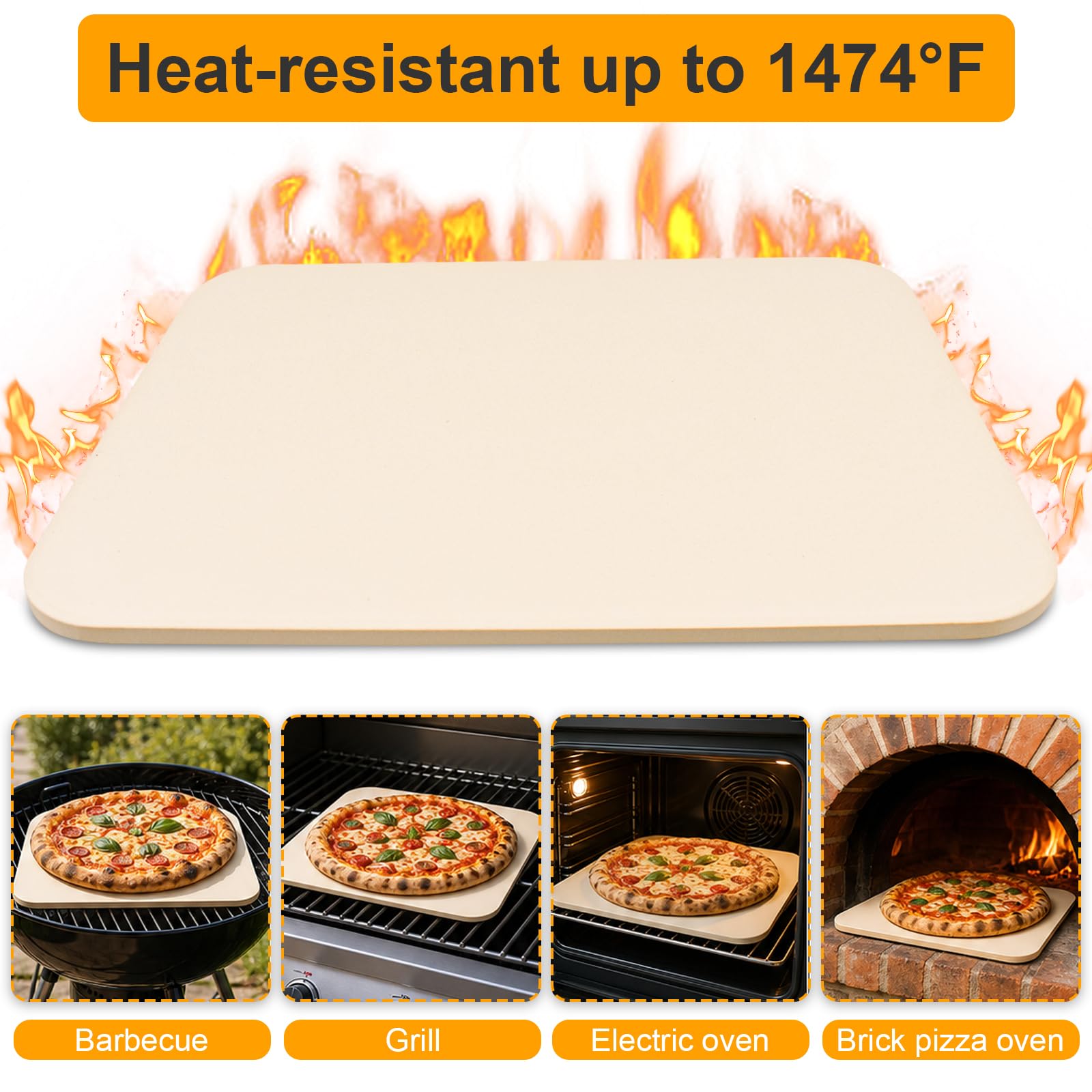 Pizzastein Set, 38x30cm Pizza Stein Rechteckig für Backofen, Gasgrill & Grill mit Pizzaschaufel aus Bambus, Pizzamesser, Antihaft-Backpapier Pizza-Zubereitungsset für knusprige Böden