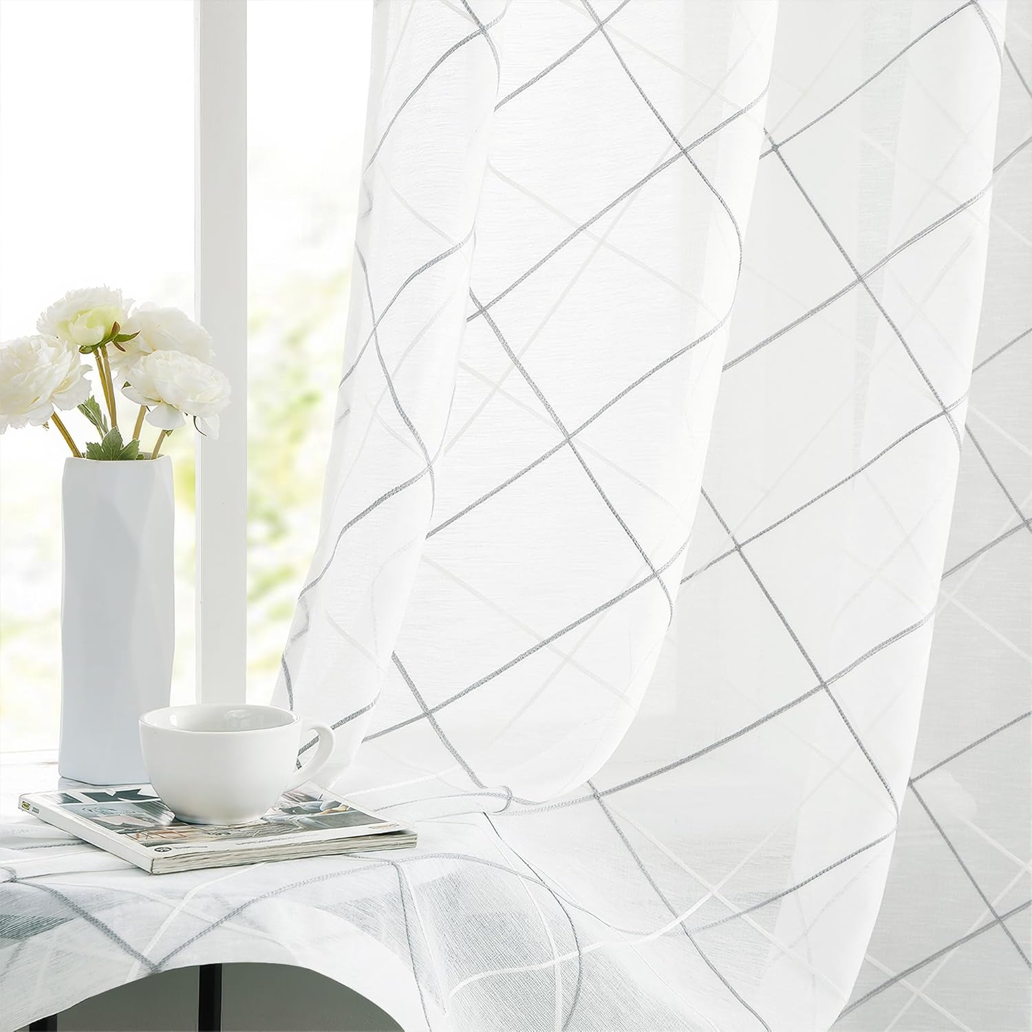 White Sheer Curtains 96 Inches Long for Living Room Bedroom, Grey White Moroccan Embroidered on Grommet Top Voile Drapes, Light Filtering 52" W Window Treatments Set 2 Panels White and Grey W52" x L96" x2