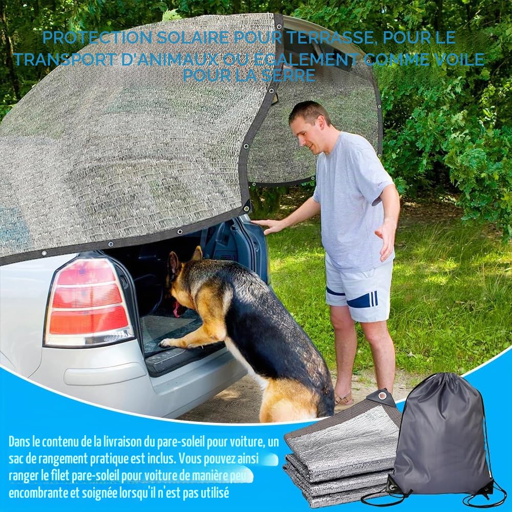 Filet d'ombrage pour voiture pour chien 3 x 4 m, filet de protection solaire pour voiture, bâche d'ombrage réfléchissante, camping, filet d'ombrage en aluminium, protection solaire à 80 % de