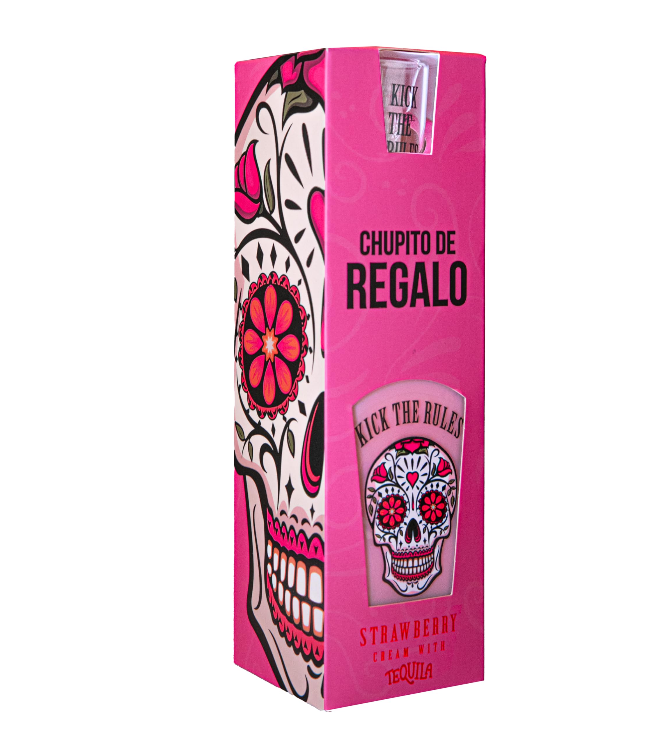 KICK THE RULES - PACK CREMA DE FRESA CON TEQUILA CON CHUPITO CALAVERA PREMIUM DE REGALO - BOTELLA DE 700mL - ESTUCHE DE REGALO