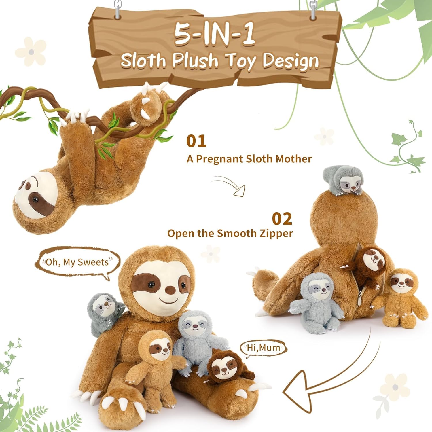 MaoGoLan Sloth Stuffed Animal Set,5 Pcs Sloth Plush Toy,Large Stuffed Mommy Sloth with Babies Sloth Toys Plushies, 3 Toed Sloth Stuffed Animal Bulk for Kids 22 inches