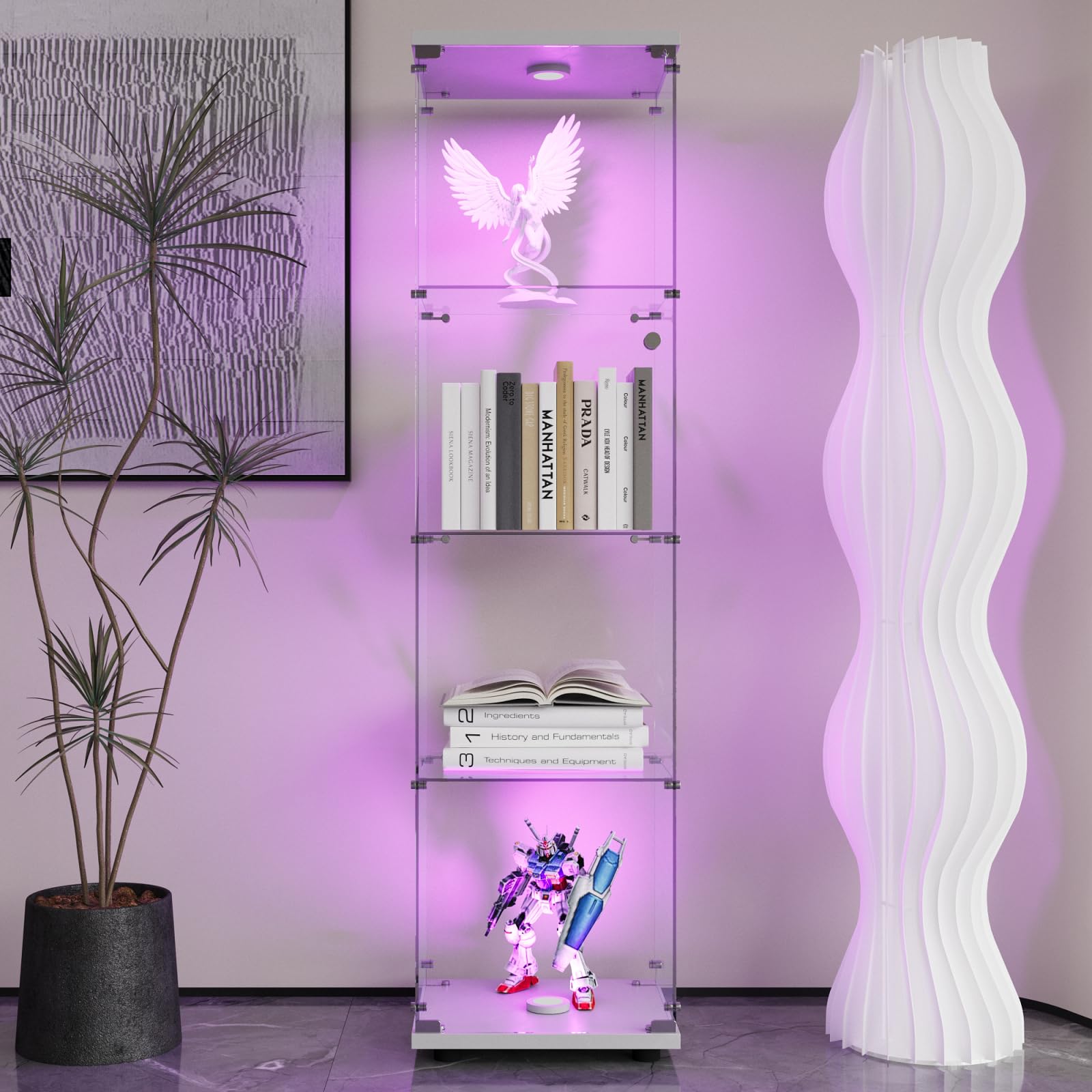 EIFSON Glazen vitrine met led, moderne vitrine met 4 planken van ESG-glas, vitrine voor bar, woonkamer, 164 x 42,5 x 36,5 cm, wit