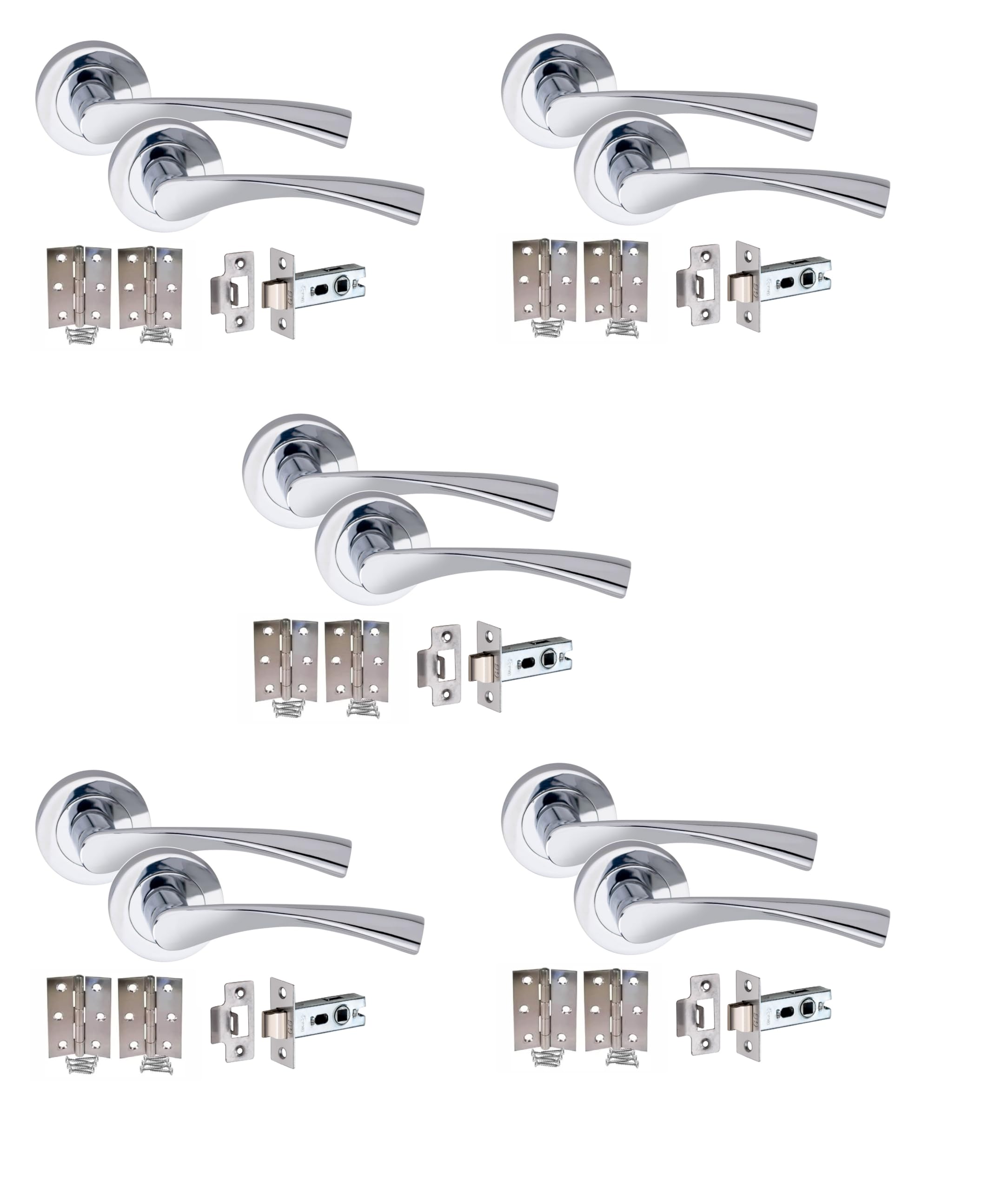 Golden Grace Astrid Style Modern Door Handles Lever Latch on Rose in Polished Chrome Finish - 5 Sets