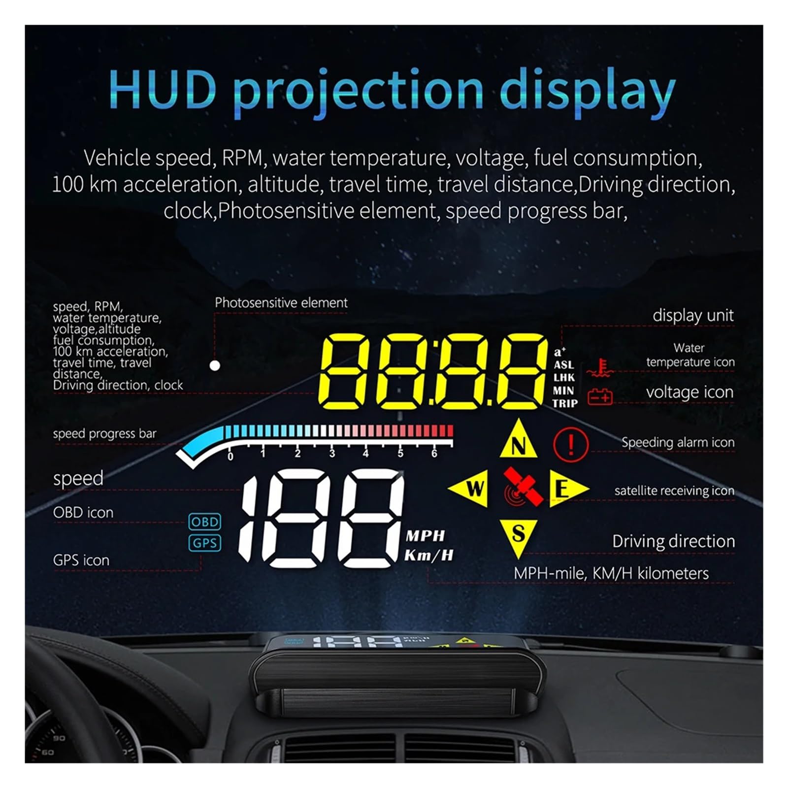 Accesorios Electrónicos For Automóviles M17 OBD GPS Head Up Display For Todos Los Coches Digital HUD Velocímetro Parabrisas Proyector Instrumento Multifunción