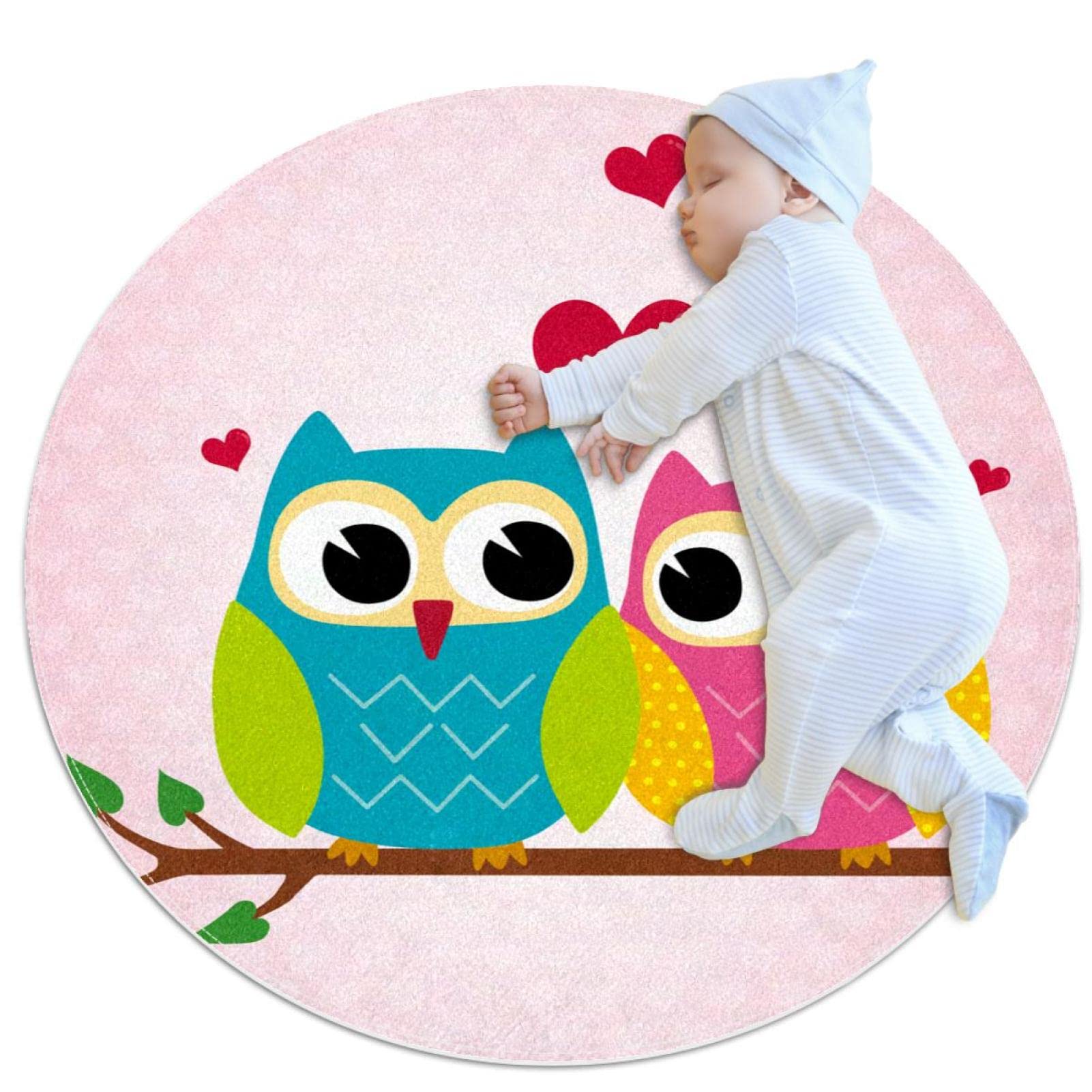 Tapis rond hibou 100x100cm doux et antidérapant pour chambre bébé et revêtement sol salon