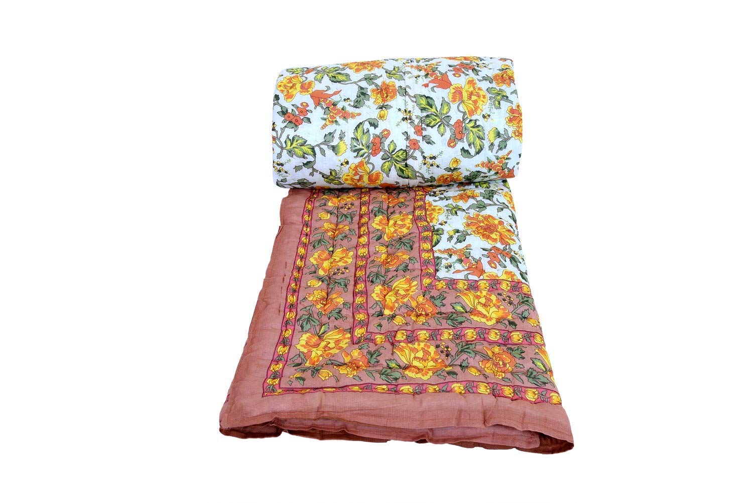 SVT Traditional Famous Jaipuri Beautiful Floral Print in Multi Coffee mughal Print Jaipuri Rajai/Razai/Quilt Single/Single Bed Quilt/Comforter/AC Quilt/AC Comforter