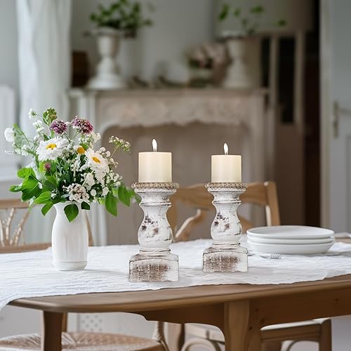 Miniatura 6 de Soporte de vela para vela de pilar, juego de 2, soporte de vela de madera de granja, soporte de vela de madera rústico, candelabros de madera Blanco