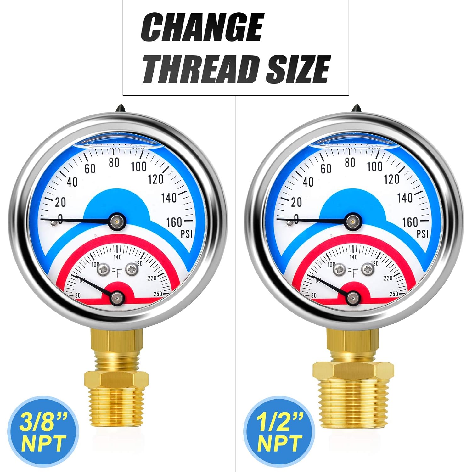 MEANLIN MEASURE 2PCS 0-160Psi Stainless Steel Thermal Pressure Gauge 30-250℉ 1/4" NPT 2.5" FACE DIAL Liquid Filled Pressure Gauge, with 1/2" NPT and 3/8" NPT Hex Bushing, Lower Mount