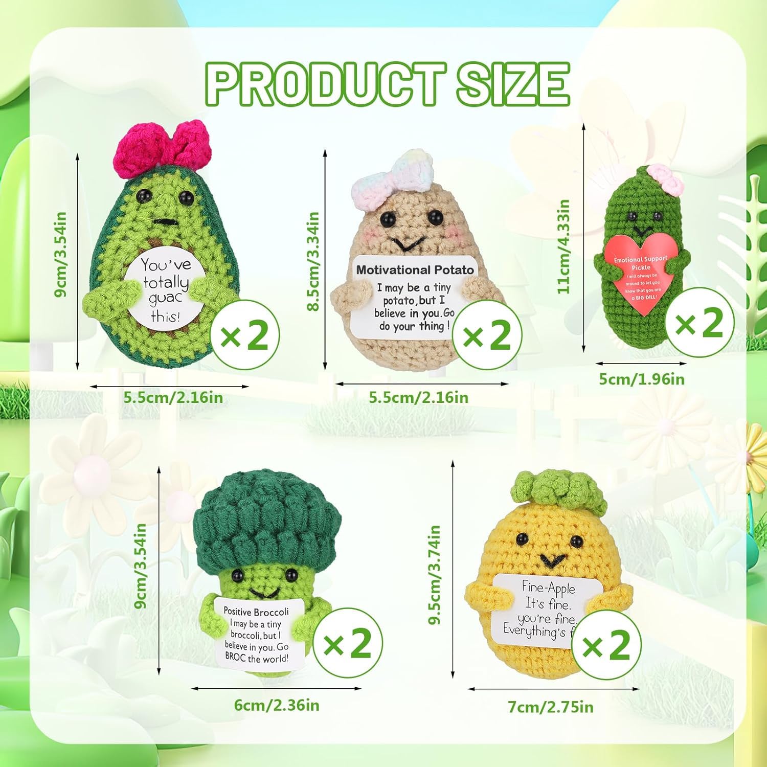 10 Pcs Handmade Positive Crochet Dolls Set, Encouragement Support Fruit & Vegetable Figures with Uplifting Cards - Image 4