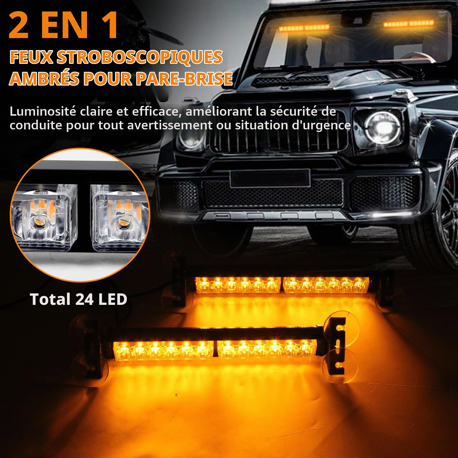 Lumières Stroboscopiques pour Pare-Brise de Voiture, 24-LED 2 x 12.4'' Feux Stroboscopique d' Urgence Feux de Balise Clignotants 23 Modes pour Voitures Camions Van (Amber)